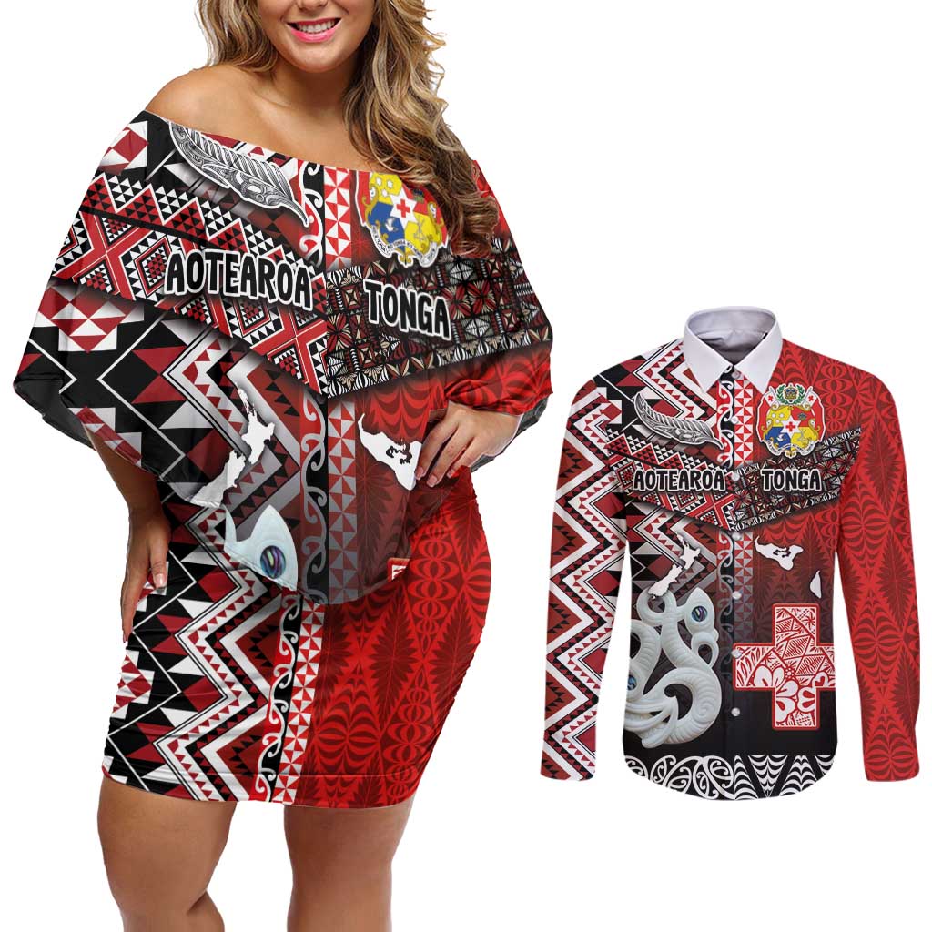 Personalised Aotearoa and Tonga Together Couples Matching Off Shoulder Short Dress and Long Sleeve Button Shirt Manaia and Tongan Tribal Cross - Taniko and Ngatu Art Tattoo