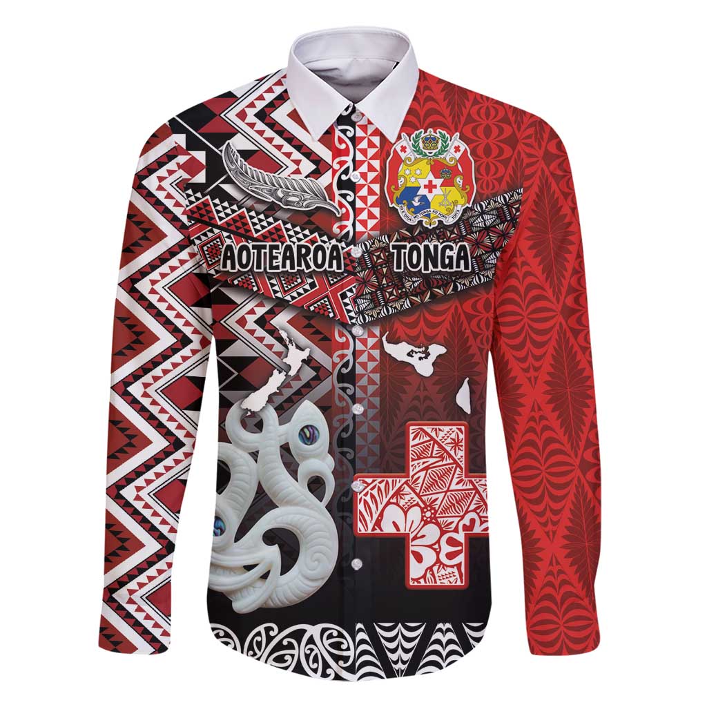 Personalised Aotearoa and Tonga Together Family Matching Long Sleeve Bodycon Dress and Hawaiian Shirt Manaia and Tongan Tribal Cross - Taniko and Ngatu Art Tattoo