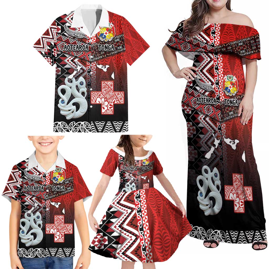 Personalised Aotearoa and Tonga Together Family Matching Off Shoulder Maxi Dress and Hawaiian Shirt Manaia and Tongan Tribal Cross - Taniko and Ngatu Art Tattoo