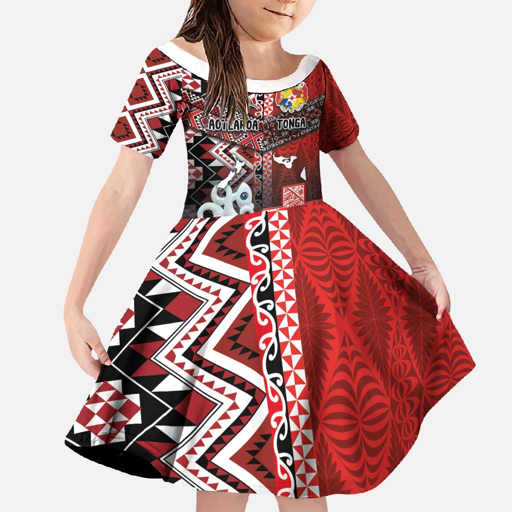 Personalised Aotearoa and Tonga Together Family Matching Short Sleeve Bodycon Dress and Hawaiian Shirt Manaia and Tongan Tribal Cross - Taniko and Ngatu Art Tattoo