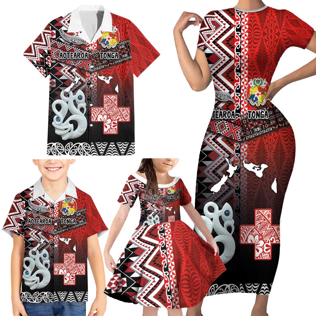 Personalised Aotearoa and Tonga Together Family Matching Short Sleeve Bodycon Dress and Hawaiian Shirt Manaia and Tongan Tribal Cross - Taniko and Ngatu Art Tattoo