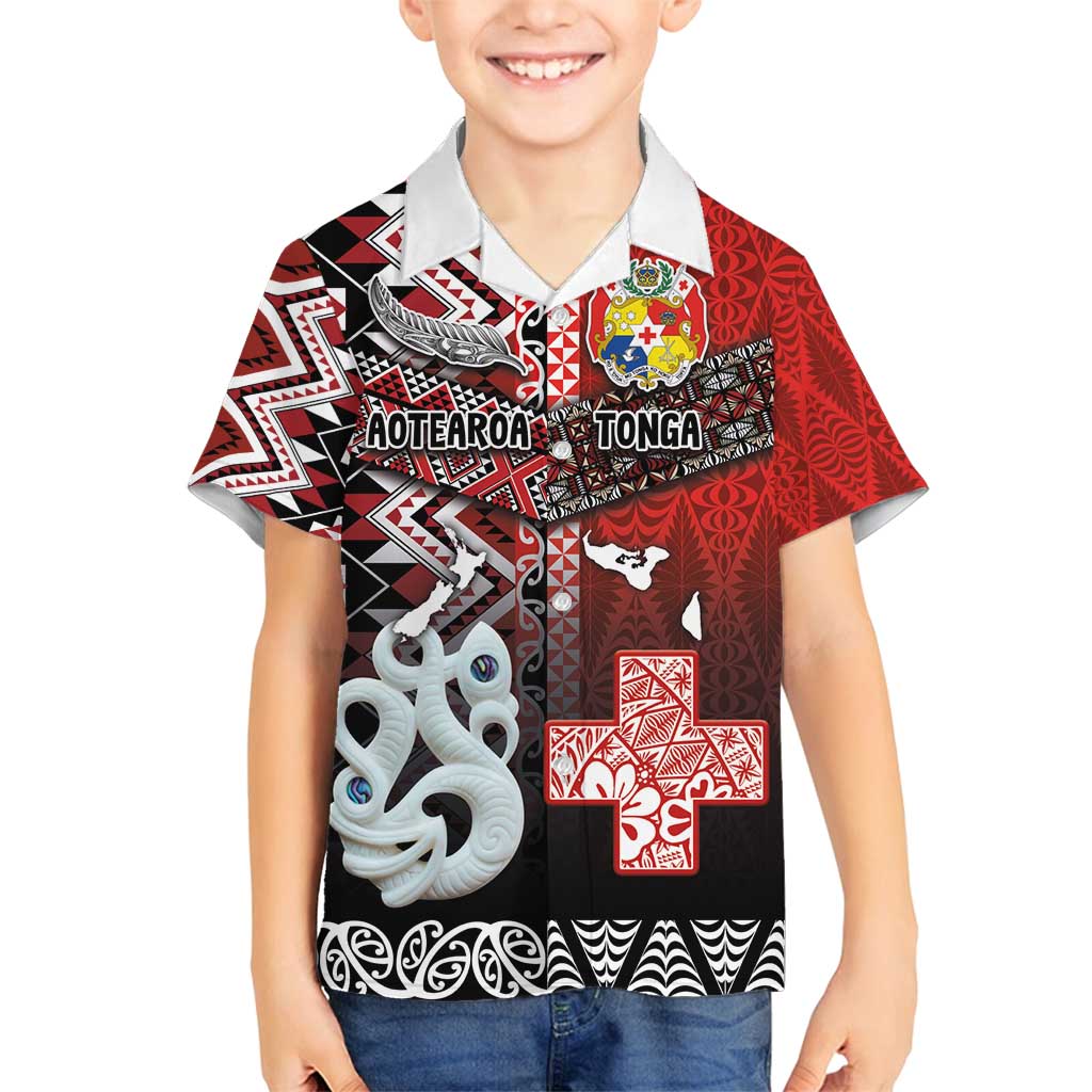 Personalised Aotearoa and Tonga Together Family Matching Summer Maxi Dress and Hawaiian Shirt Manaia and Tongan Tribal Cross - Taniko and Ngatu Art Tattoo