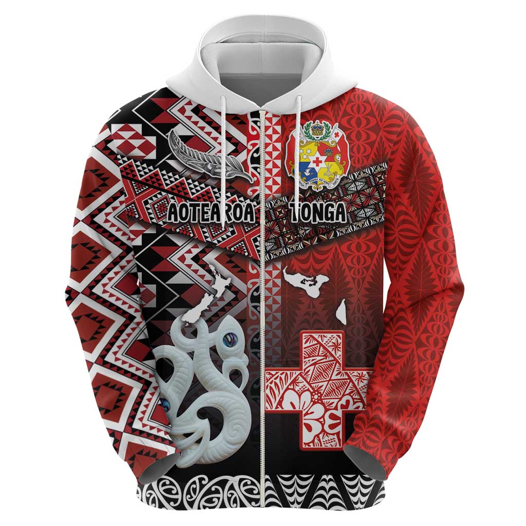 Personalised Aotearoa and Tonga Together Hoodie Manaia and Tongan Tribal Cross - Taniko and Ngatu Art Tattoo
