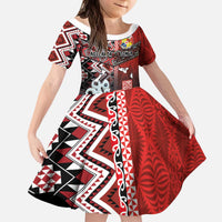 Personalised Aotearoa and Tonga Together Kid Short Sleeve Dress Manaia and Tongan Tribal Cross - Taniko and Ngatu Art Tattoo