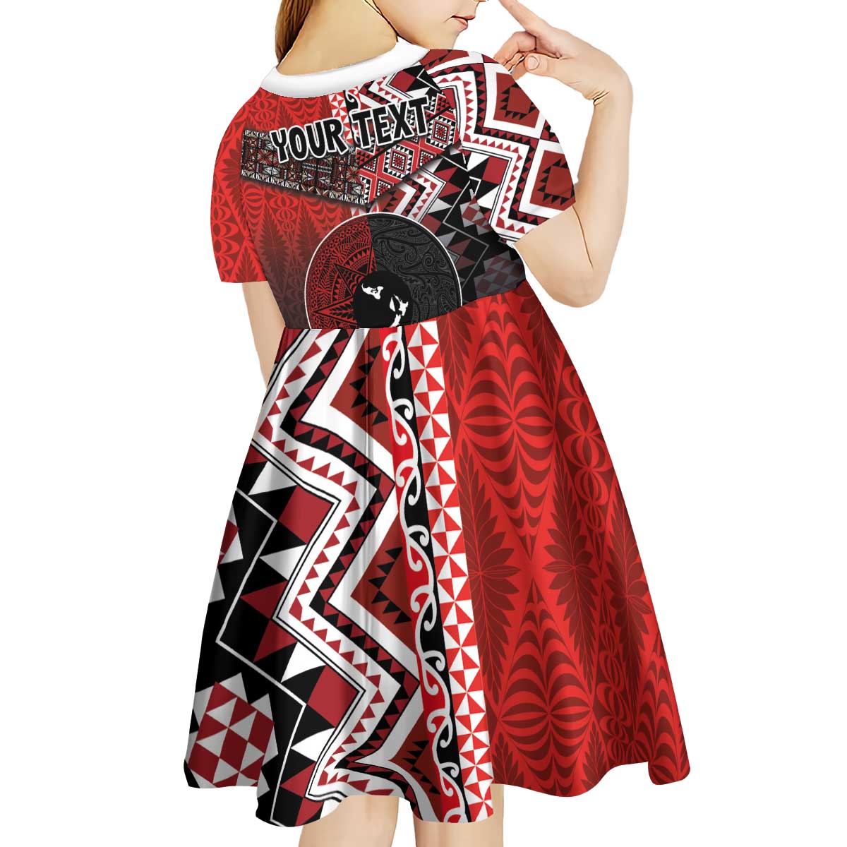 Personalised Aotearoa and Tonga Together Kid Short Sleeve Dress Manaia and Tongan Tribal Cross - Taniko and Ngatu Art Tattoo