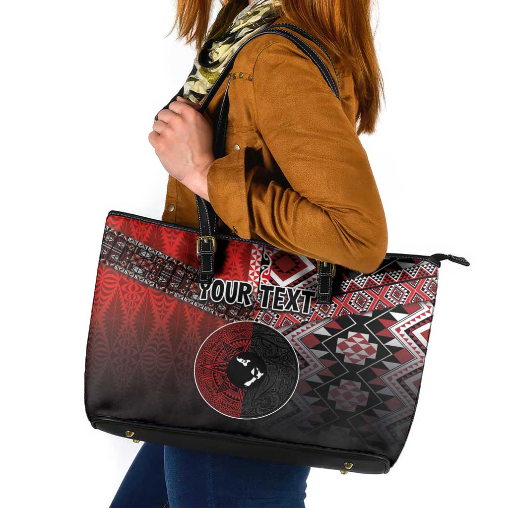 Personalised Aotearoa and Tonga Together Leather Tote Bag Manaia and Tongan Tribal Cross - Taniko and Ngatu Art Tattoo LT03 Red - Polynesian Pride