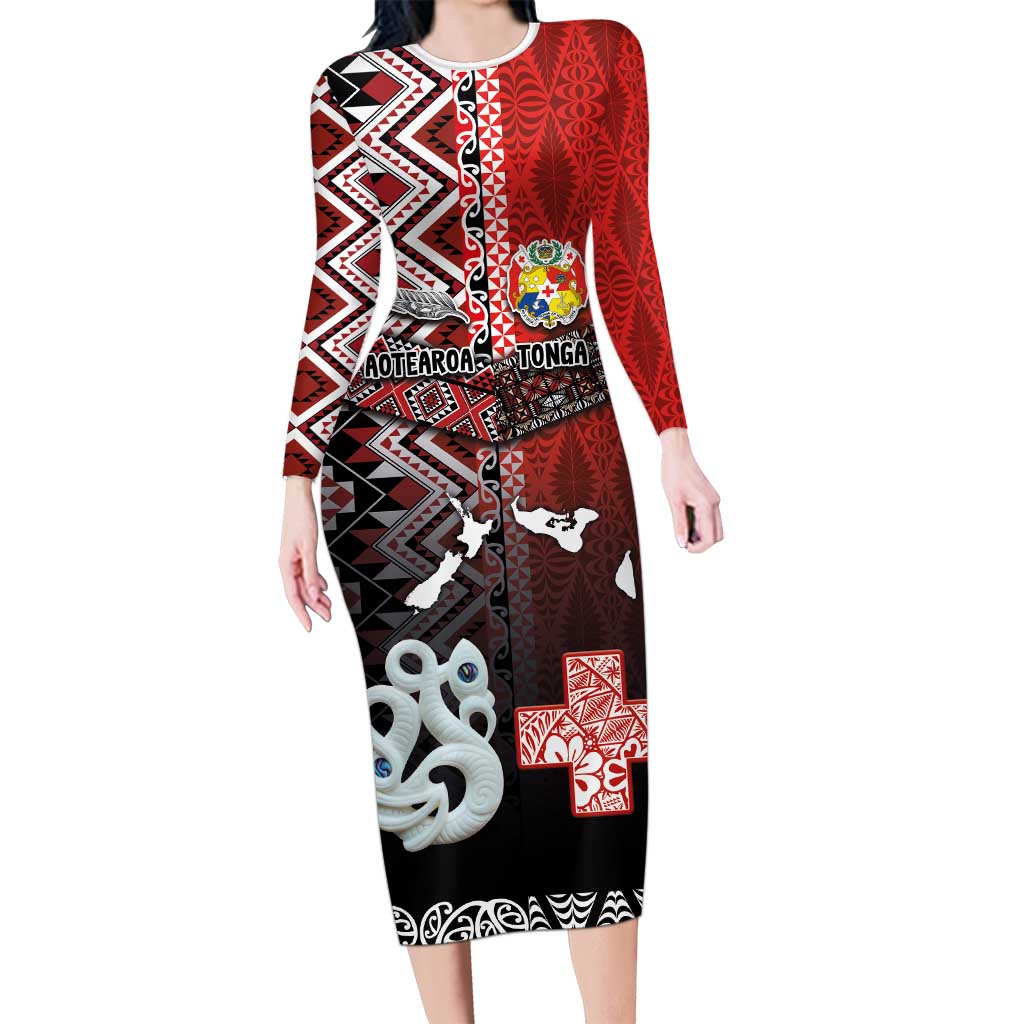 Personalised Aotearoa and Tonga Together Long Sleeve Bodycon Dress Manaia and Tongan Tribal Cross - Taniko and Ngatu Art Tattoo