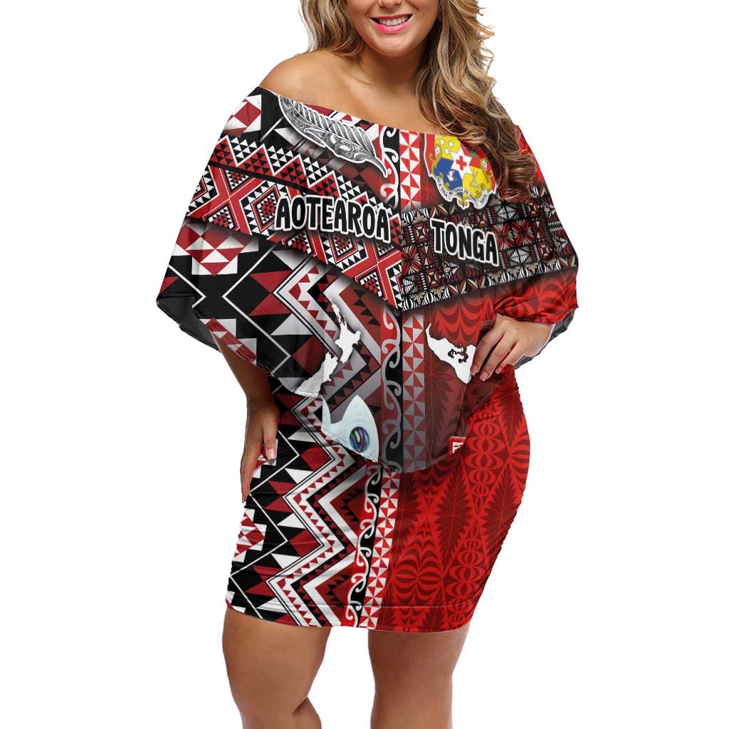 Personalised Aotearoa and Tonga Together Off Shoulder Short Dress Manaia and Tongan Tribal Cross - Taniko and Ngatu Art Tattoo