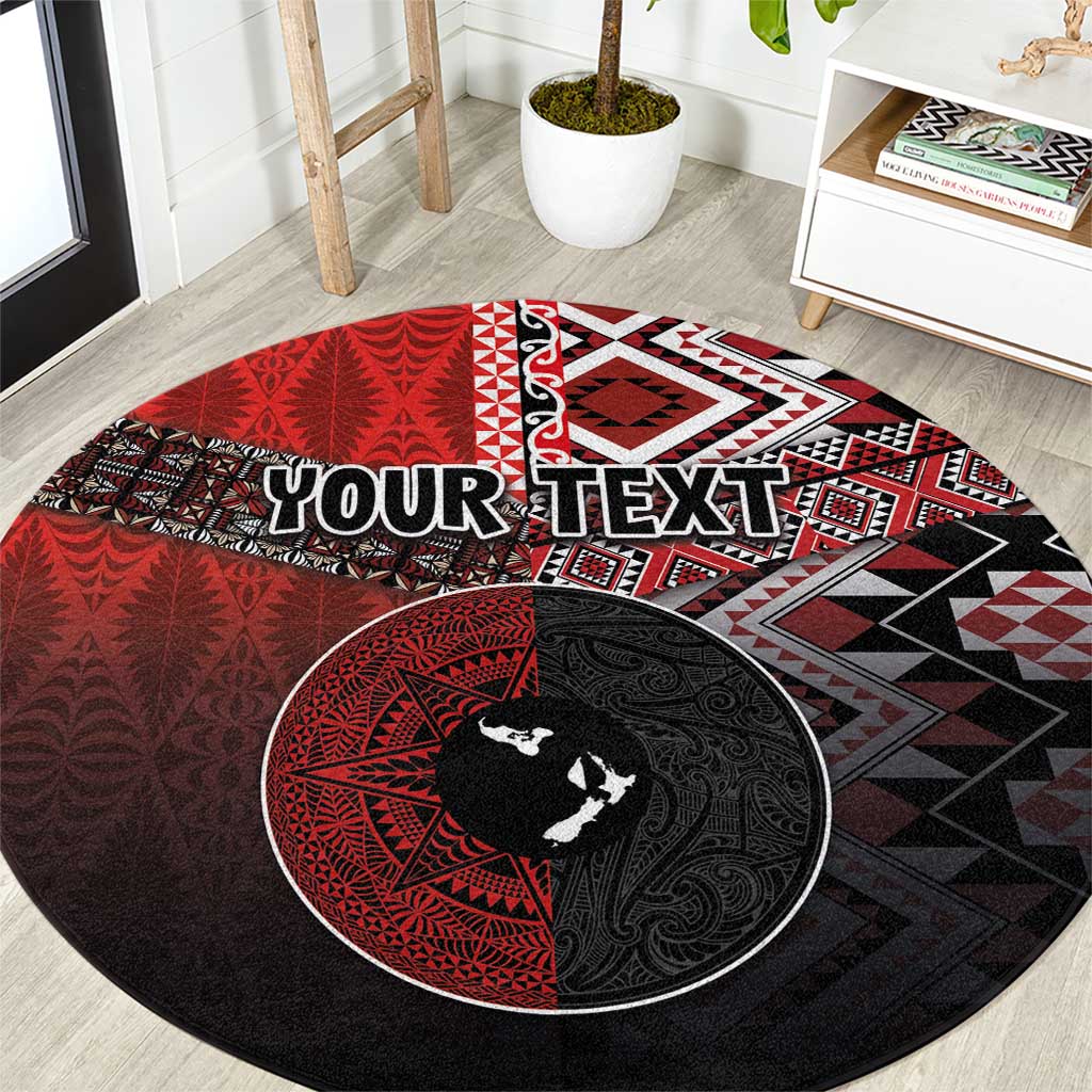 Personalised Aotearoa and Tonga Together Round Carpet Manaia and Tongan Tribal Cross - Taniko and Ngatu Art Tattoo