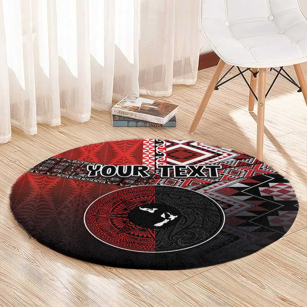 Personalised Aotearoa and Tonga Together Round Carpet Manaia and Tongan Tribal Cross - Taniko and Ngatu Art Tattoo