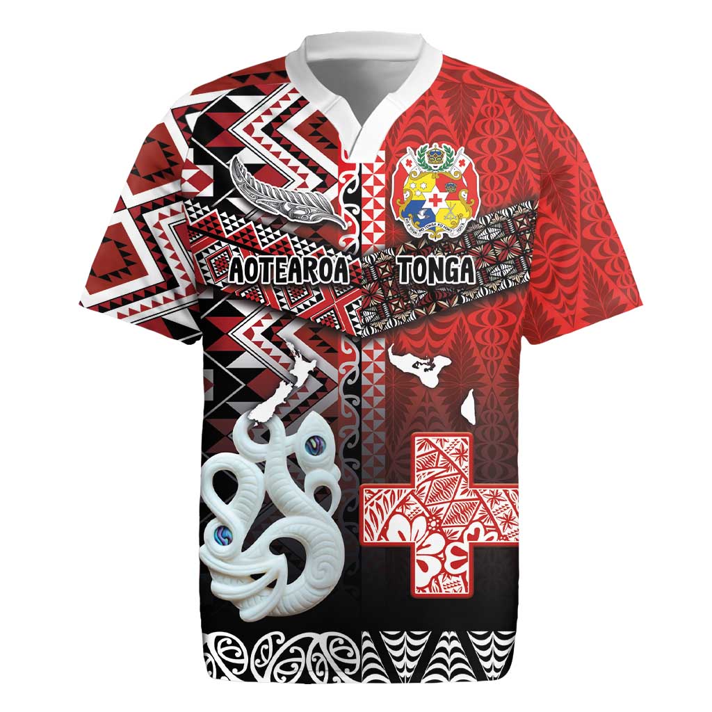 Personalised Aotearoa and Tonga Together Rugby Jersey Manaia and Tongan Tribal Cross - Taniko and Ngatu Art Tattoo