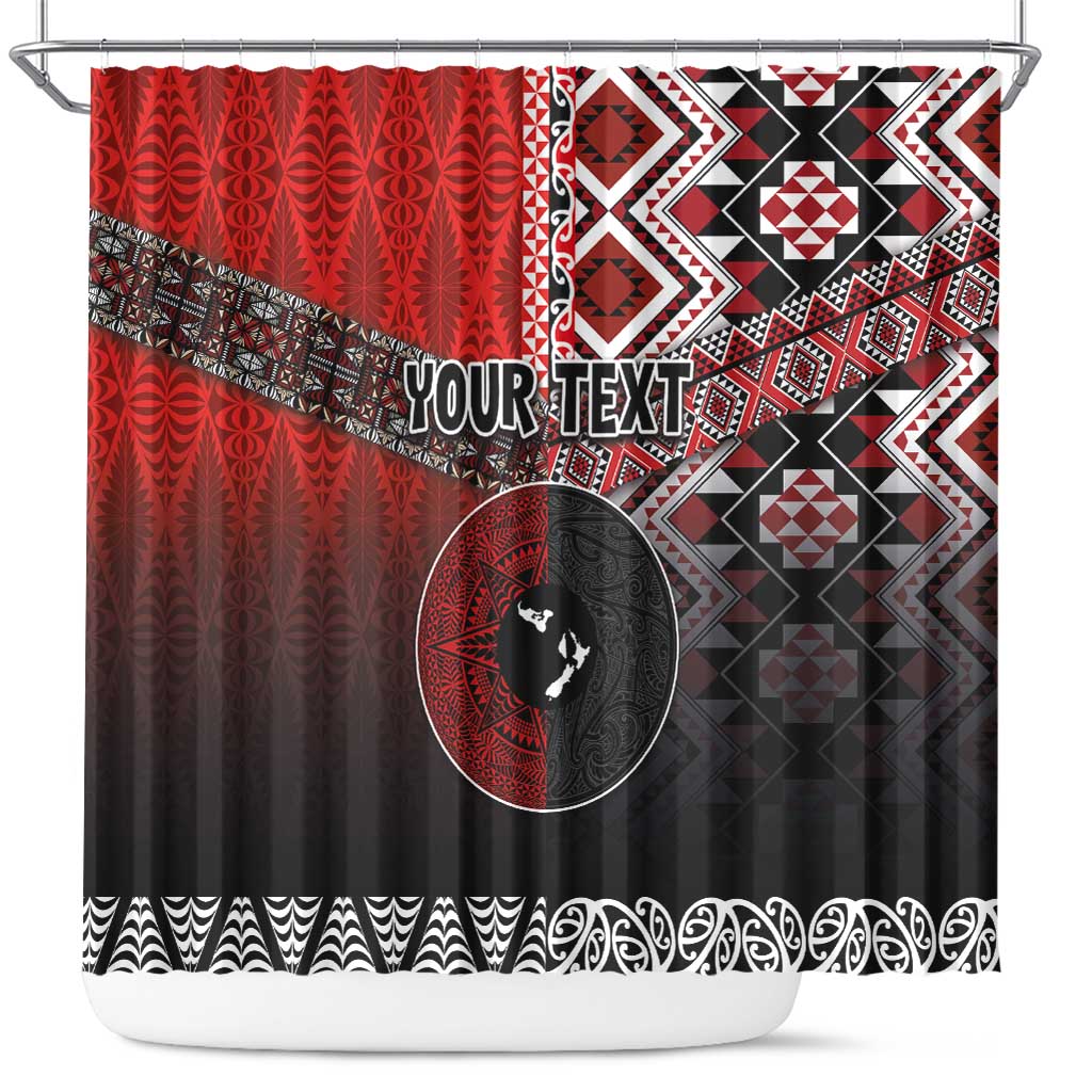 Personalised Aotearoa and Tonga Together Shower Curtain Manaia and Tongan Tribal Cross - Taniko and Ngatu Art Tattoo