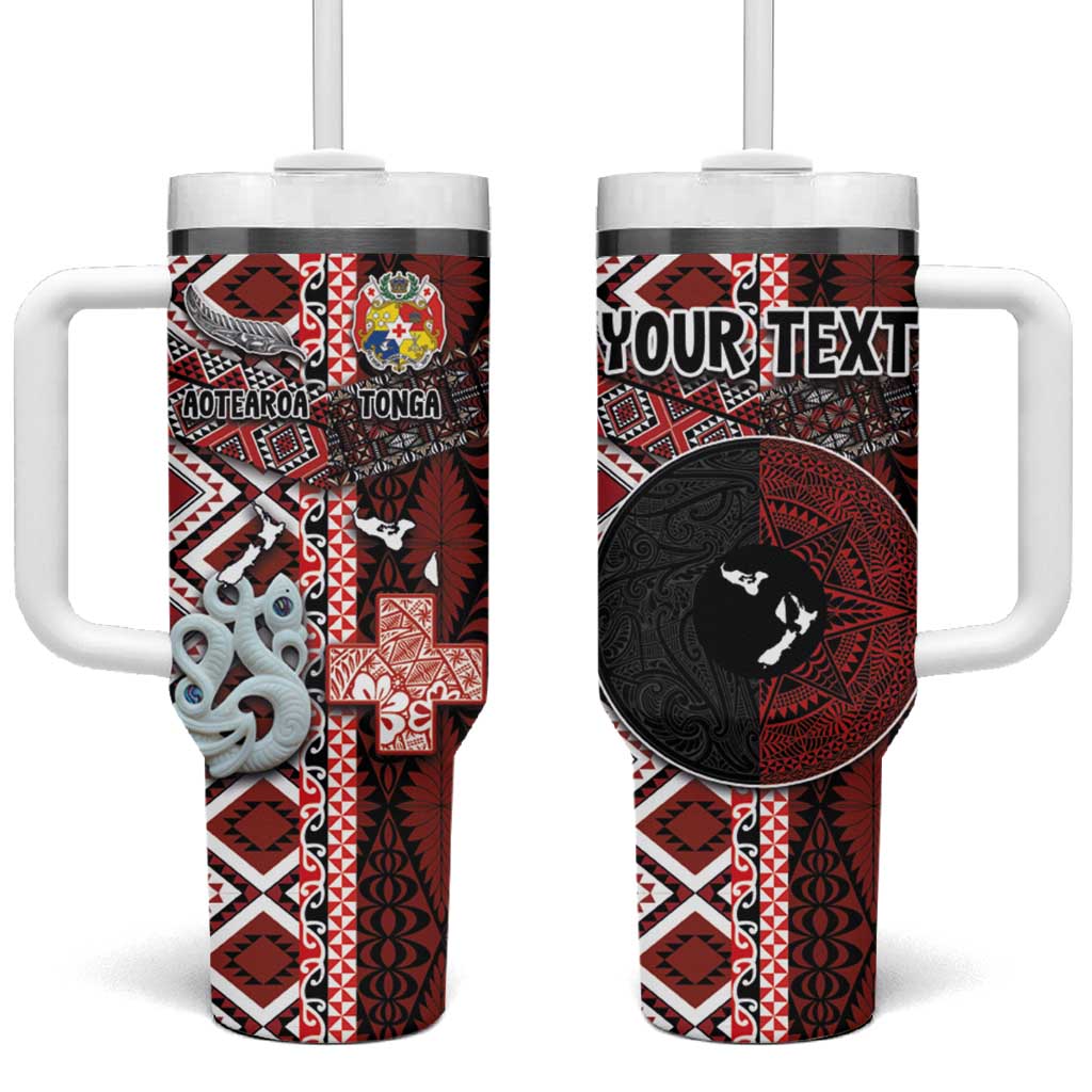 Personalised Aotearoa and Tonga Together Tumbler With Handle Manaia and Tongan Tribal Cross - Taniko and Ngatu Art Tattoo LT03 One Size: 40 oz Red - Polynesian Pride