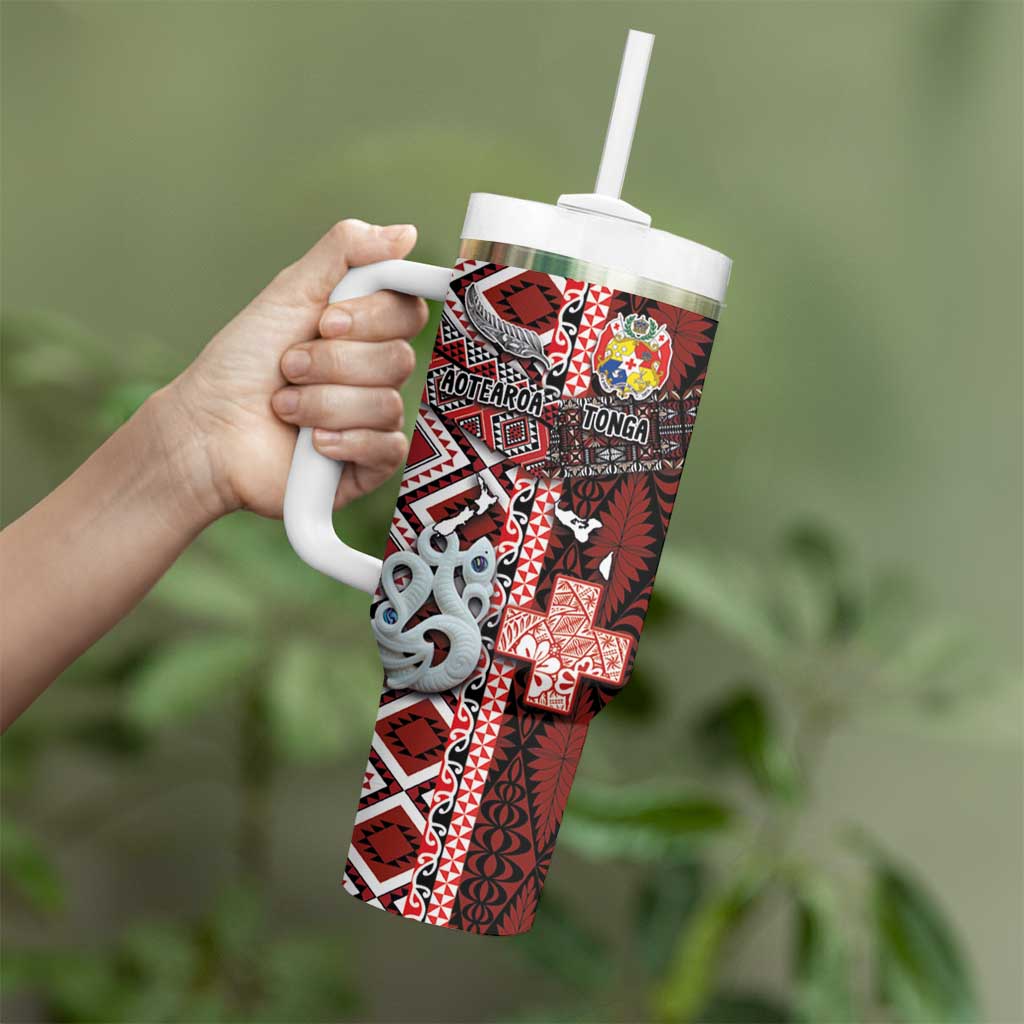 Personalised Aotearoa and Tonga Together Tumbler With Handle Manaia and Tongan Tribal Cross - Taniko and Ngatu Art Tattoo