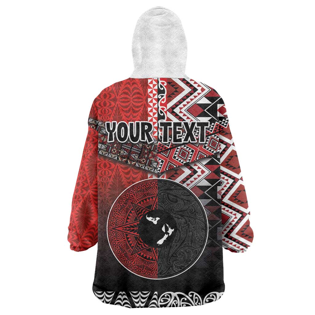 Personalised Aotearoa and Tonga Together Wearable Blanket Hoodie Manaia and Tongan Tribal Cross - Taniko and Ngatu Art Tattoo