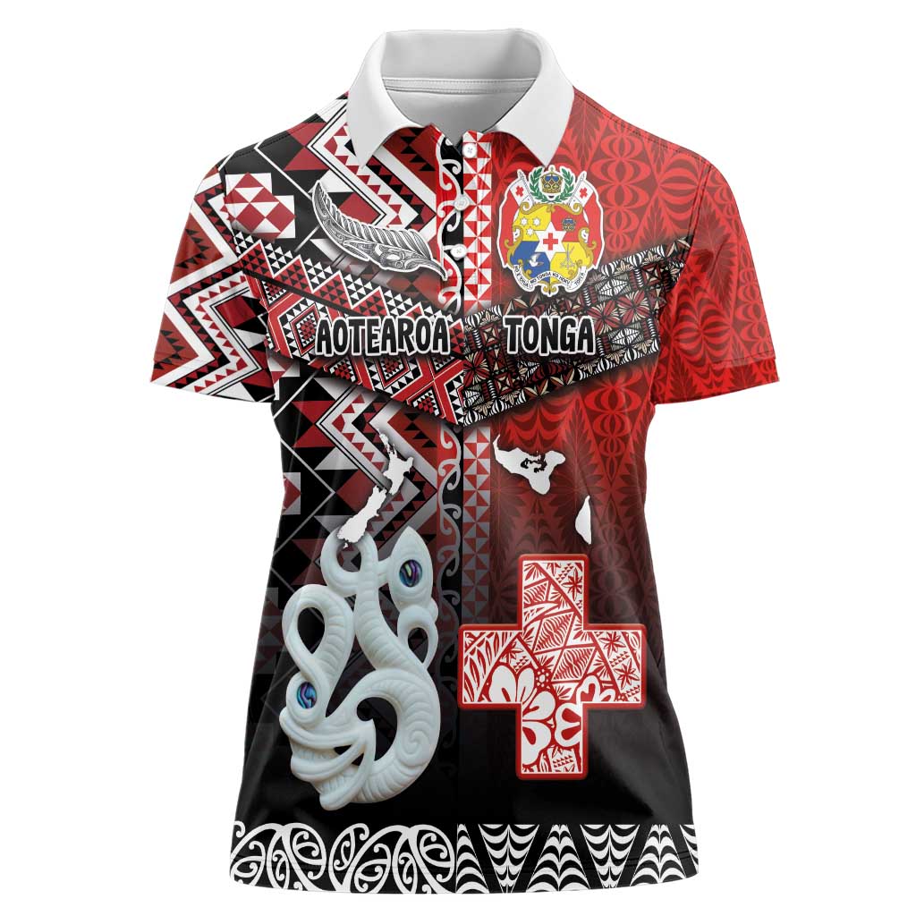 Personalised Aotearoa and Tonga Together Women Polo Shirt Manaia and Tongan Tribal Cross - Taniko and Ngatu Art Tattoo