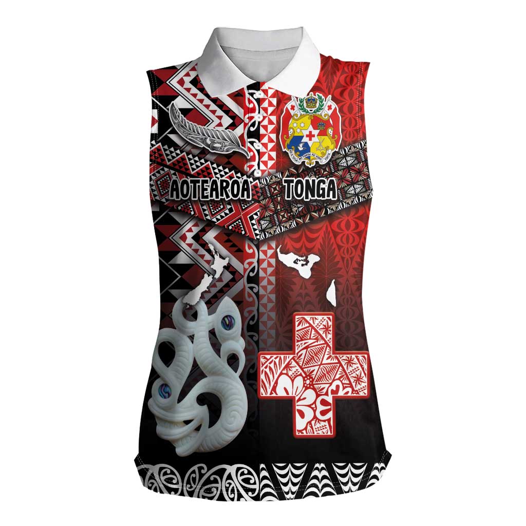 Personalised Aotearoa and Tonga Together Women Sleeveless Polo Shirt Manaia and Tongan Tribal Cross - Taniko and Ngatu Art Tattoo