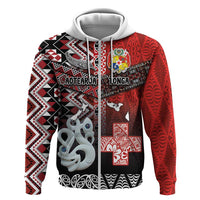 Personalised Aotearoa and Tonga Together Zip Hoodie Manaia and Tongan Tribal Cross - Taniko and Ngatu Art Tattoo