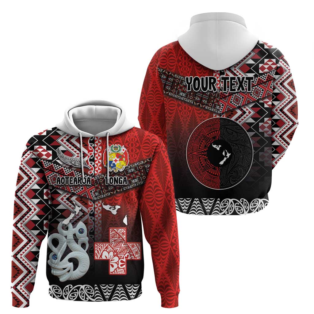 Personalised Aotearoa and Tonga Together Zip Hoodie Manaia and Tongan Tribal Cross - Taniko and Ngatu Art Tattoo