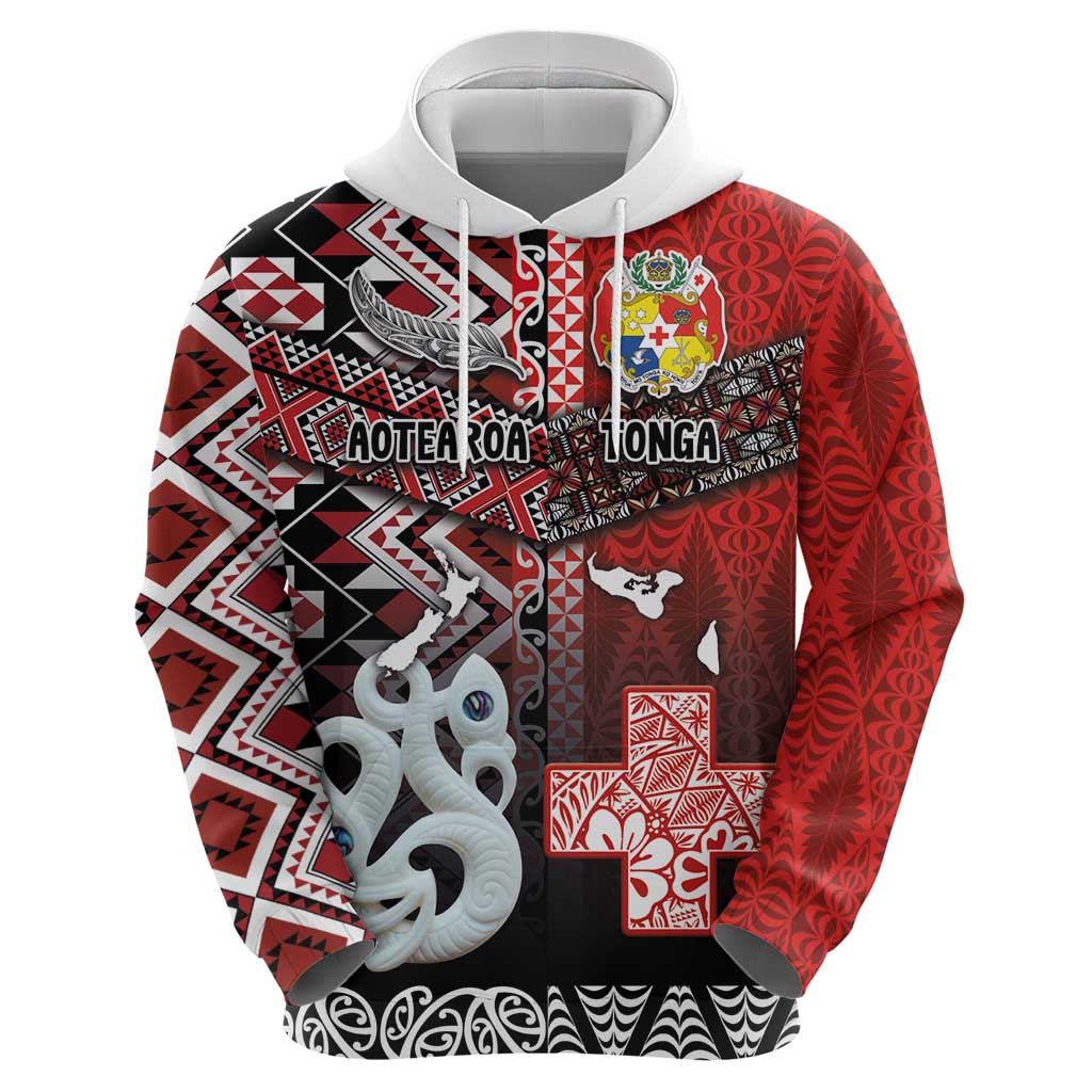 Personalised Aotearoa and Tonga Together Zip Hoodie Manaia and Tongan Tribal Cross - Taniko and Ngatu Art Tattoo