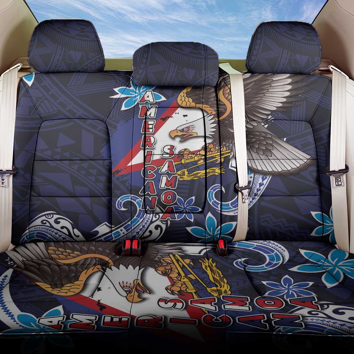 American Samoa Flag Day Back Car Seat Cover Bald Eagle with Uatogi and Fue - Polynesian and Floral Tribal Tattoo