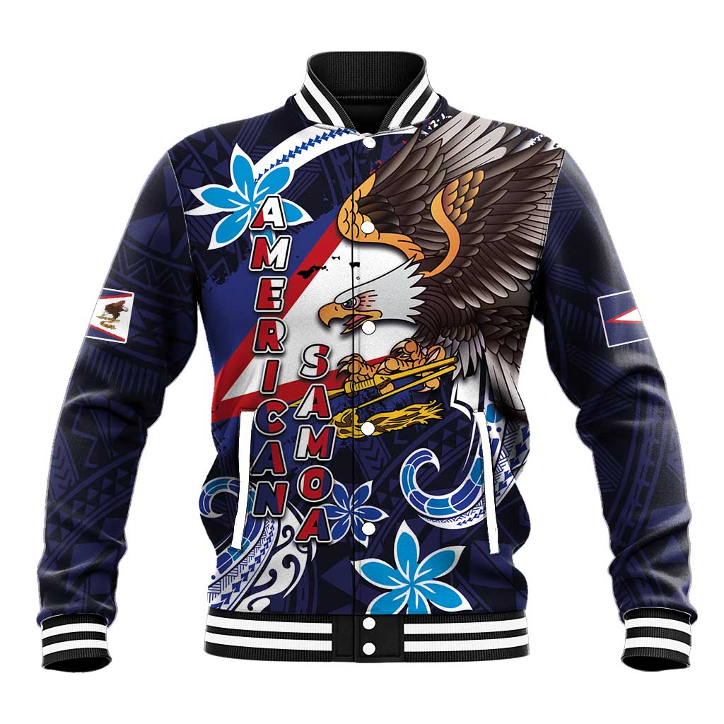 American Samoa Flag Day Baseball Jacket Bald Eagle with Uatogi and Fue - Polynesian and Floral Tribal Tattoo