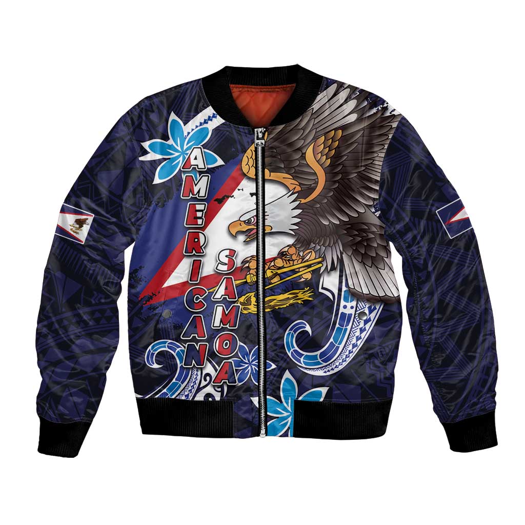 American Samoa Flag Day Bomber Jacket Bald Eagle with Uatogi and Fue - Polynesian and Floral Tribal Tattoo