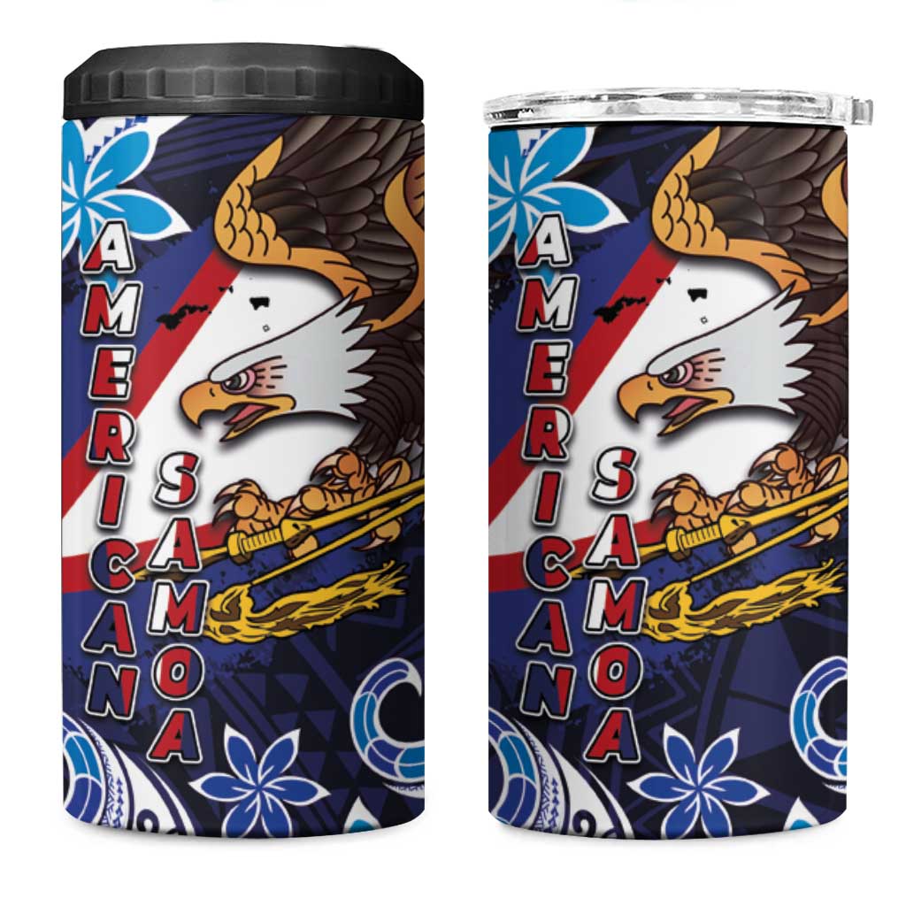 American Samoa Flag Day 4 in 1 Can Cooler Tumbler Bald Eagle with Uatogi and Fue - Polynesian and Floral Tribal Tattoo