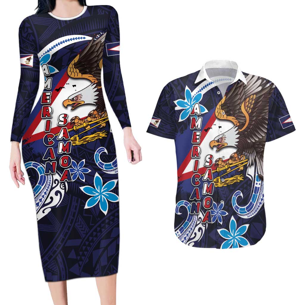 American Samoa Flag Day Couples Matching Long Sleeve Bodycon Dress and Hawaiian Shirt Bald Eagle with Uatogi and Fue - Polynesian and Floral Tribal Tattoo