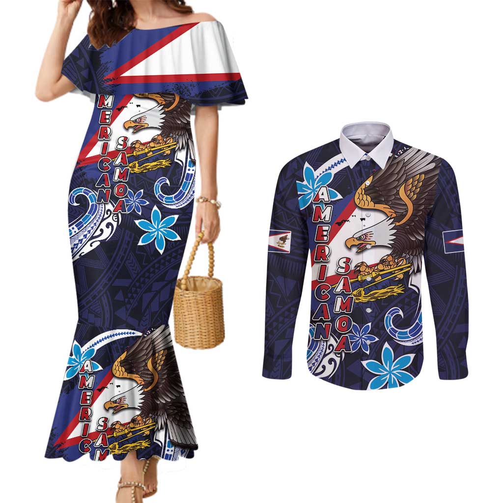 American Samoa Flag Day Couples Matching Mermaid Dress and Long Sleeve Button Shirt Bald Eagle with Uatogi and Fue - Polynesian and Floral Tribal Tattoo