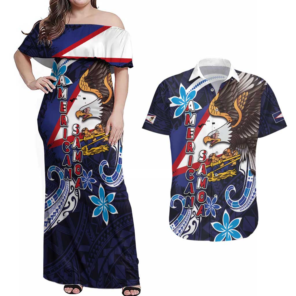 American Samoa Flag Day Couples Matching Off Shoulder Maxi Dress and Hawaiian Shirt Bald Eagle with Uatogi and Fue - Polynesian and Floral Tribal Tattoo