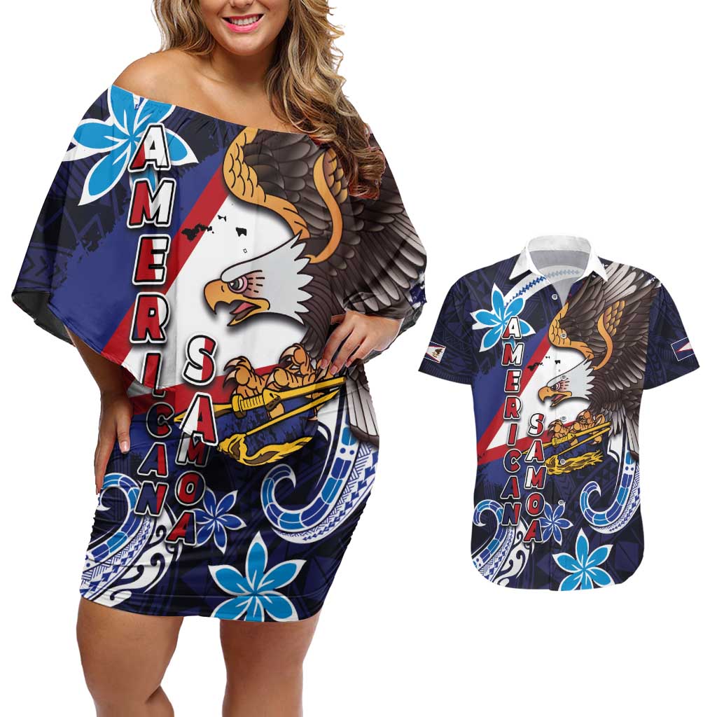 American Samoa Flag Day Couples Matching Off Shoulder Short Dress and Hawaiian Shirt Bald Eagle with Uatogi and Fue - Polynesian and Floral Tribal Tattoo