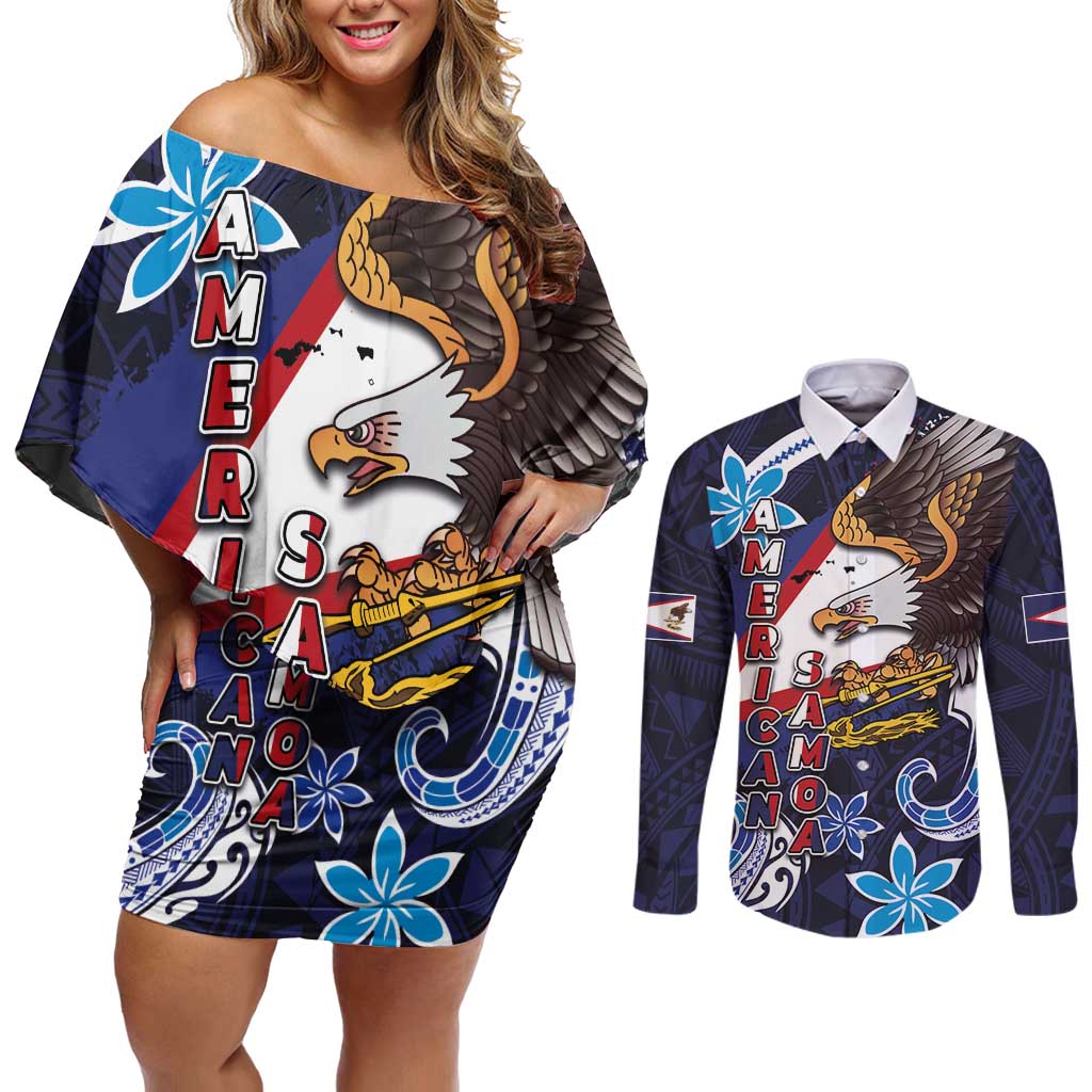 American Samoa Flag Day Couples Matching Off Shoulder Short Dress and Long Sleeve Button Shirt Bald Eagle with Uatogi and Fue - Polynesian and Floral Tribal Tattoo