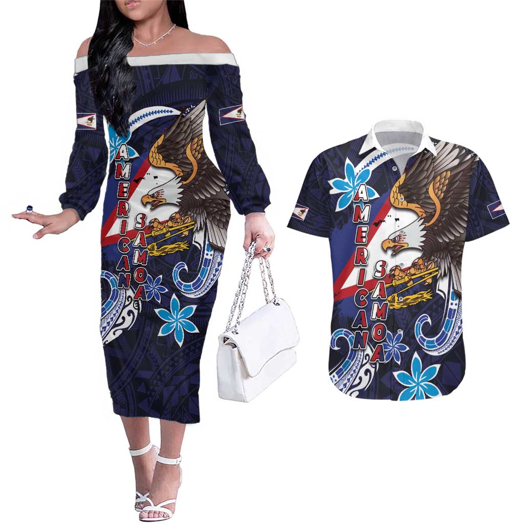 American Samoa Flag Day Couples Matching Off The Shoulder Long Sleeve Dress and Hawaiian Shirt Bald Eagle with Uatogi and Fue - Polynesian and Floral Tribal Tattoo