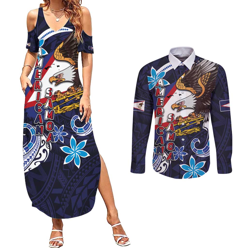 American Samoa Flag Day Couples Matching Summer Maxi Dress and Long Sleeve Button Shirt Bald Eagle with Uatogi and Fue - Polynesian and Floral Tribal Tattoo