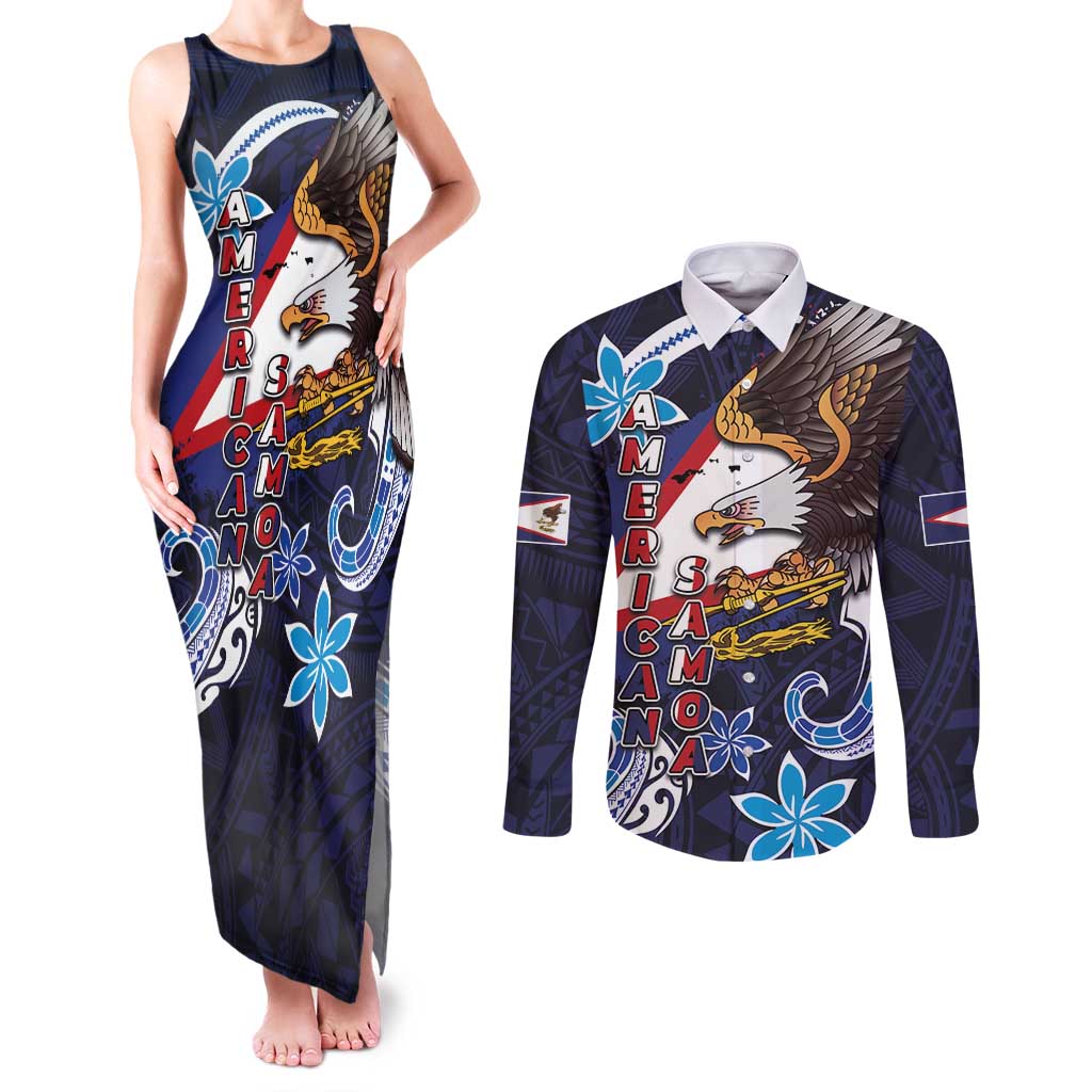 American Samoa Flag Day Couples Matching Tank Maxi Dress and Long Sleeve Button Shirt Bald Eagle with Uatogi and Fue - Polynesian and Floral Tribal Tattoo