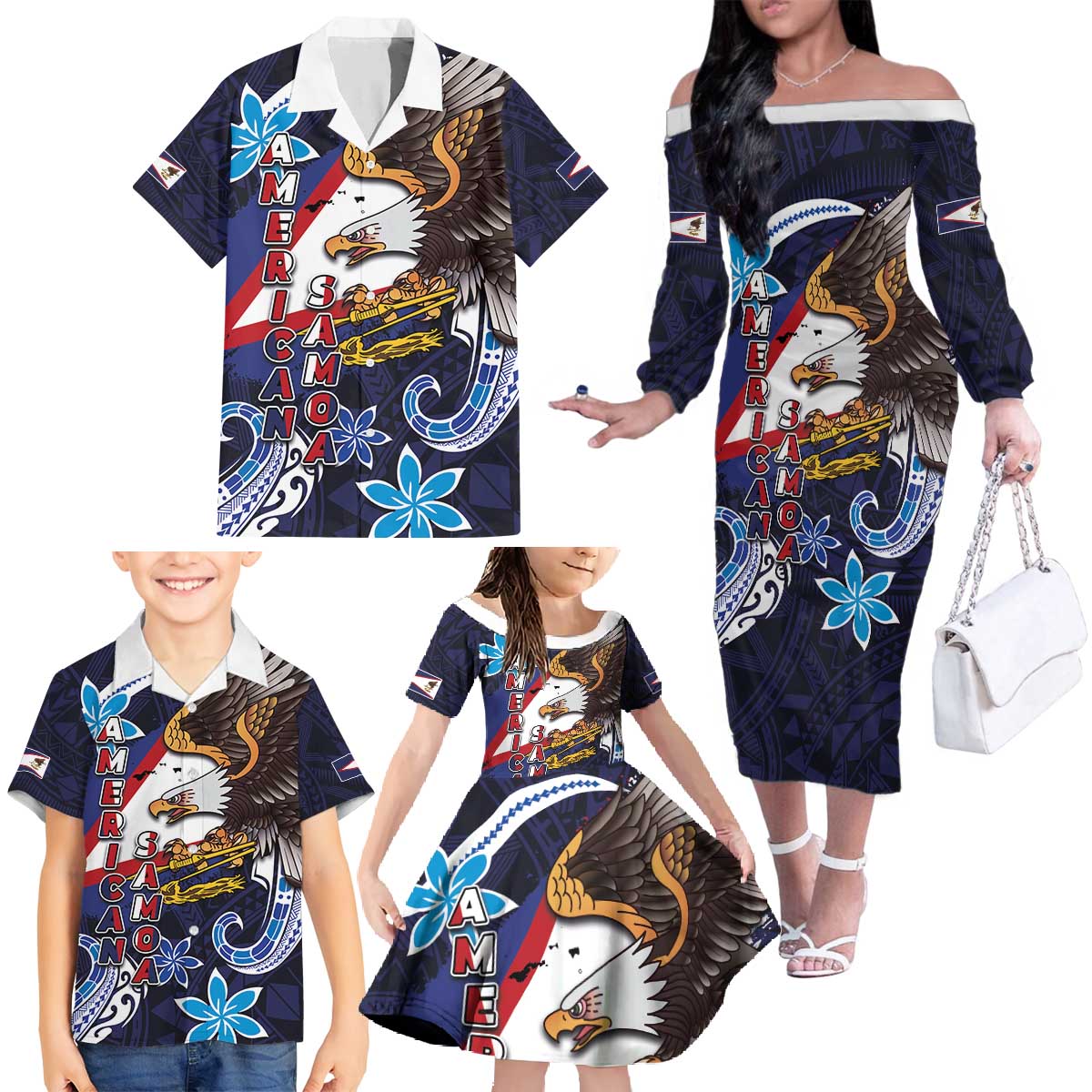 American Samoa Flag Day Family Matching Off The Shoulder Long Sleeve Dress and Hawaiian Shirt Bald Eagle with Uatogi and Fue - Polynesian and Floral Tribal Tattoo