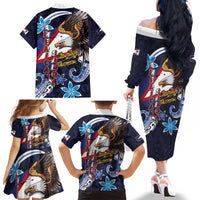 American Samoa Flag Day Family Matching Off The Shoulder Long Sleeve Dress and Hawaiian Shirt Bald Eagle with Uatogi and Fue - Polynesian and Floral Tribal Tattoo