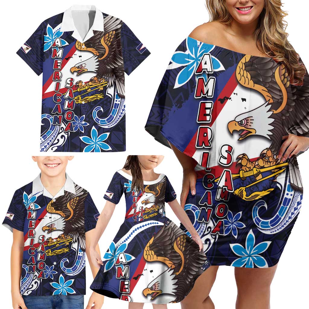 American Samoa Flag Day Family Matching Off Shoulder Short Dress and Hawaiian Shirt Bald Eagle with Uatogi and Fue - Polynesian and Floral Tribal Tattoo