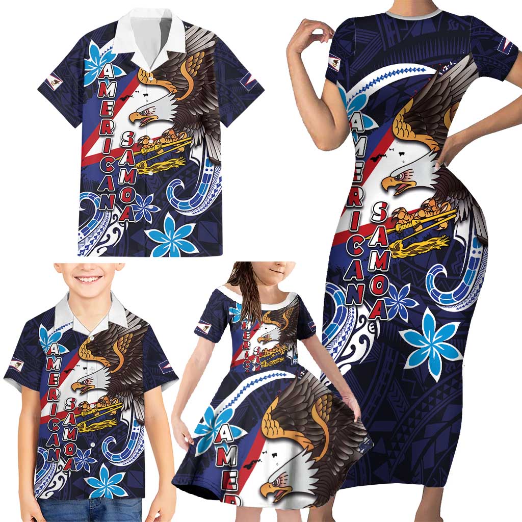 American Samoa Flag Day Family Matching Short Sleeve Bodycon Dress and Hawaiian Shirt Bald Eagle with Uatogi and Fue - Polynesian and Floral Tribal Tattoo