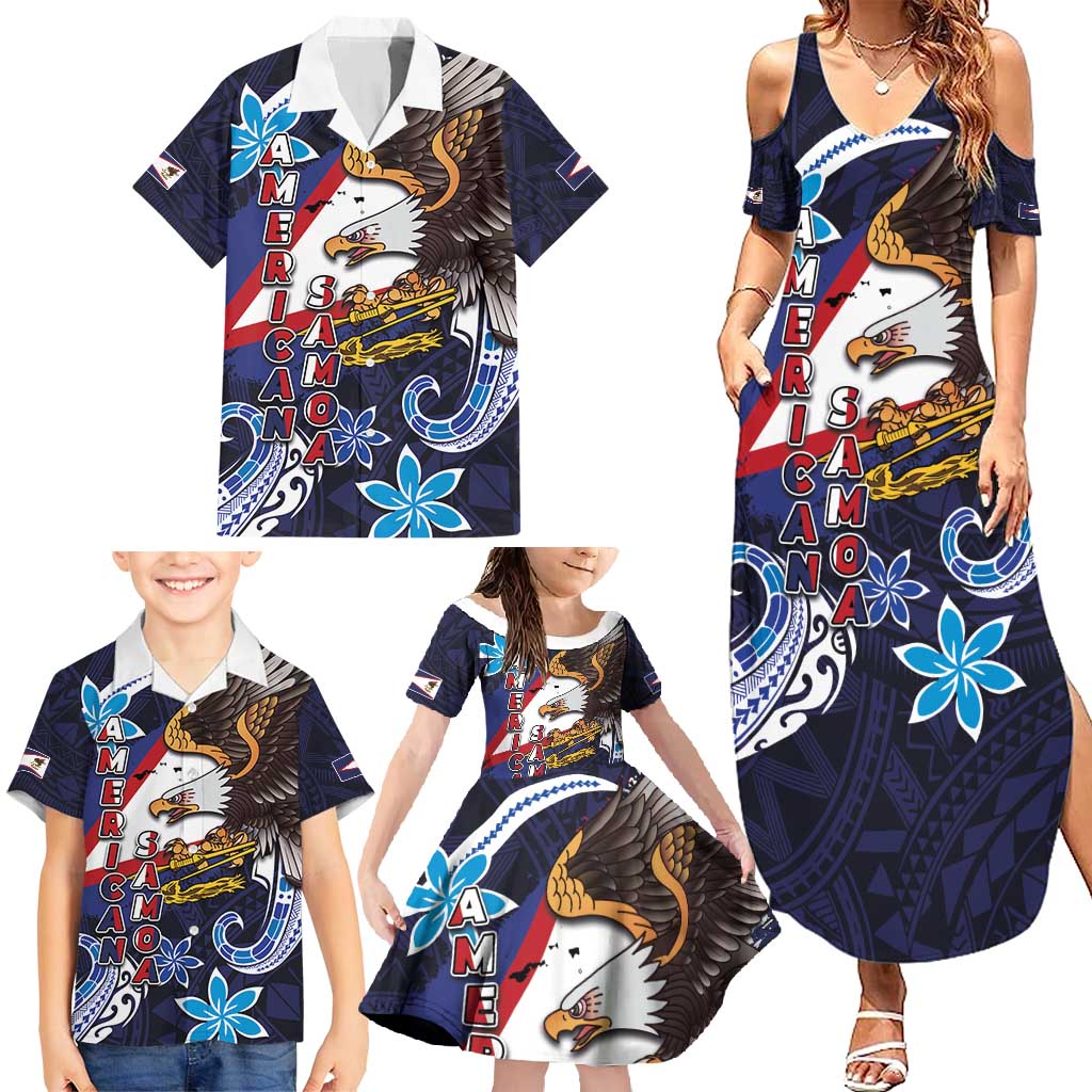 American Samoa Flag Day Family Matching Summer Maxi Dress and Hawaiian Shirt Bald Eagle with Uatogi and Fue - Polynesian and Floral Tribal Tattoo