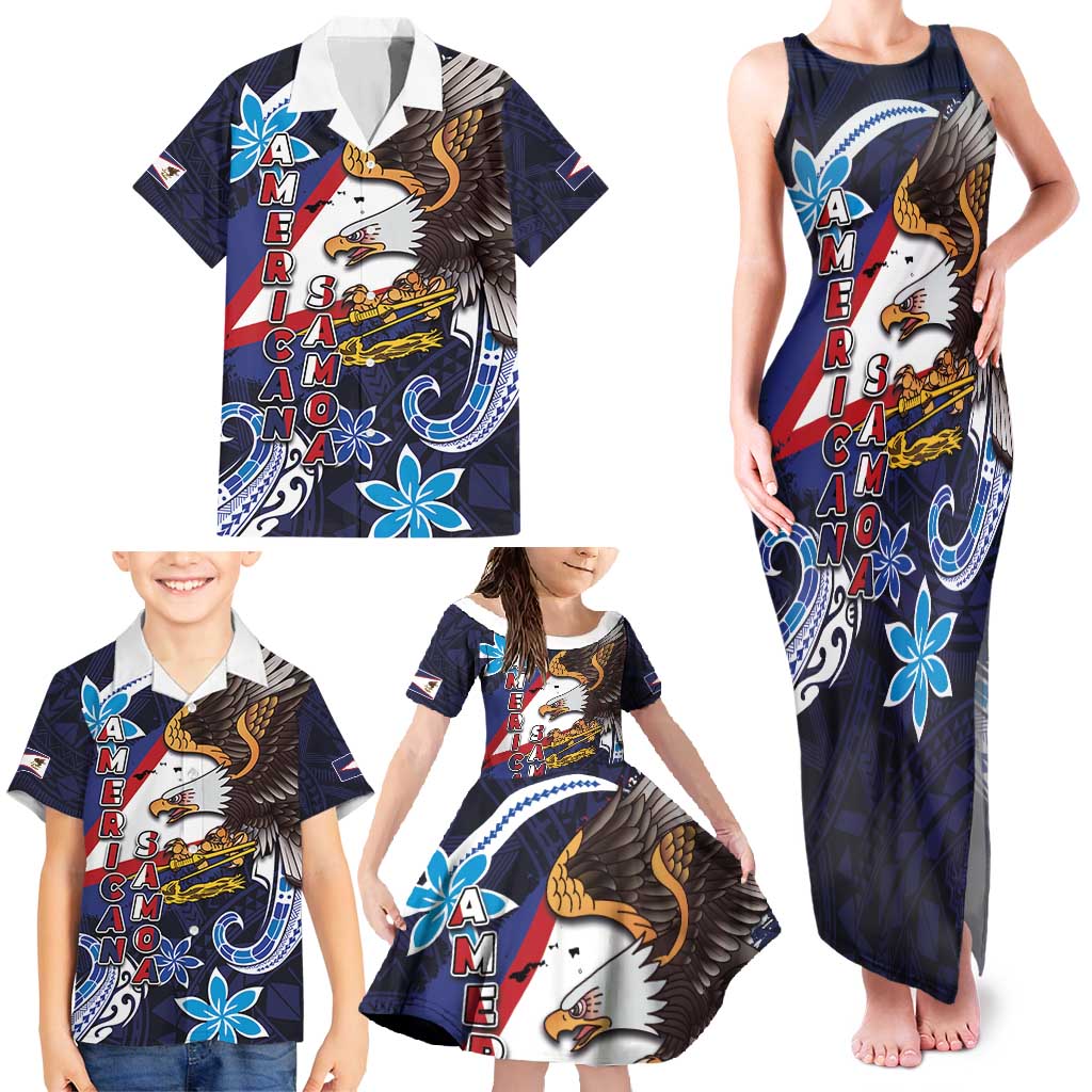 American Samoa Flag Day Family Matching Tank Maxi Dress and Hawaiian Shirt Bald Eagle with Uatogi and Fue - Polynesian and Floral Tribal Tattoo