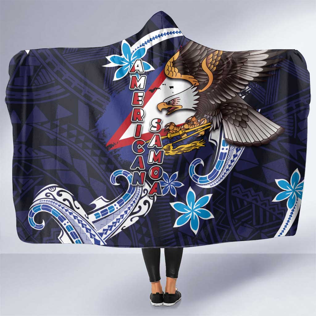 American Samoa Flag Day Hooded Blanket Bald Eagle with Uatogi and Fue - Polynesian and Floral Tribal Tattoo