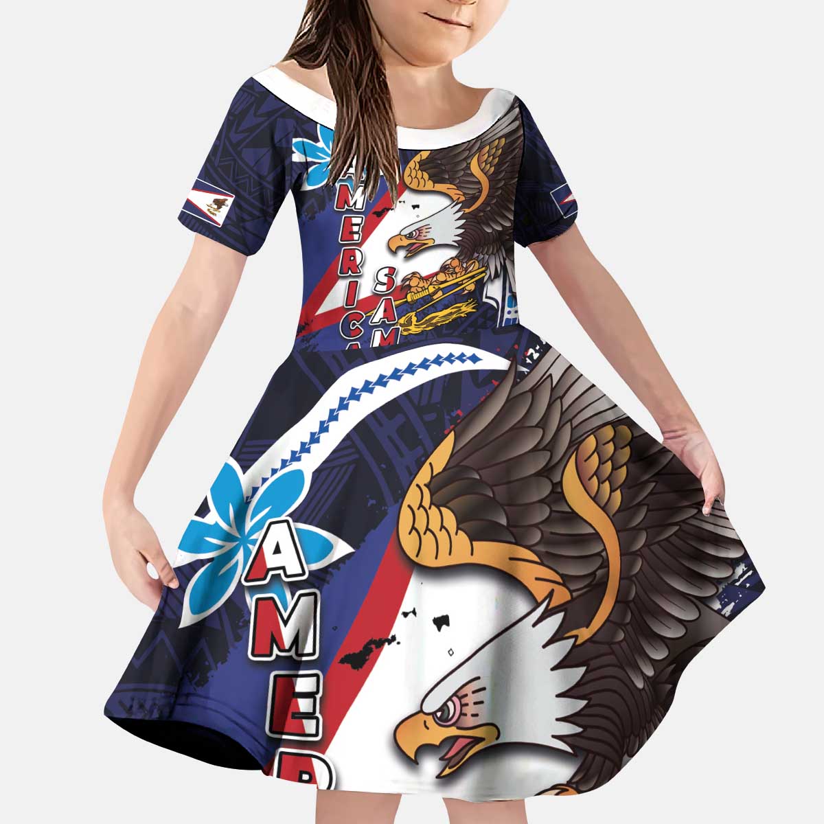 American Samoa Flag Day Kid Short Sleeve Dress Bald Eagle with Uatogi and Fue - Polynesian and Floral Tribal Tattoo