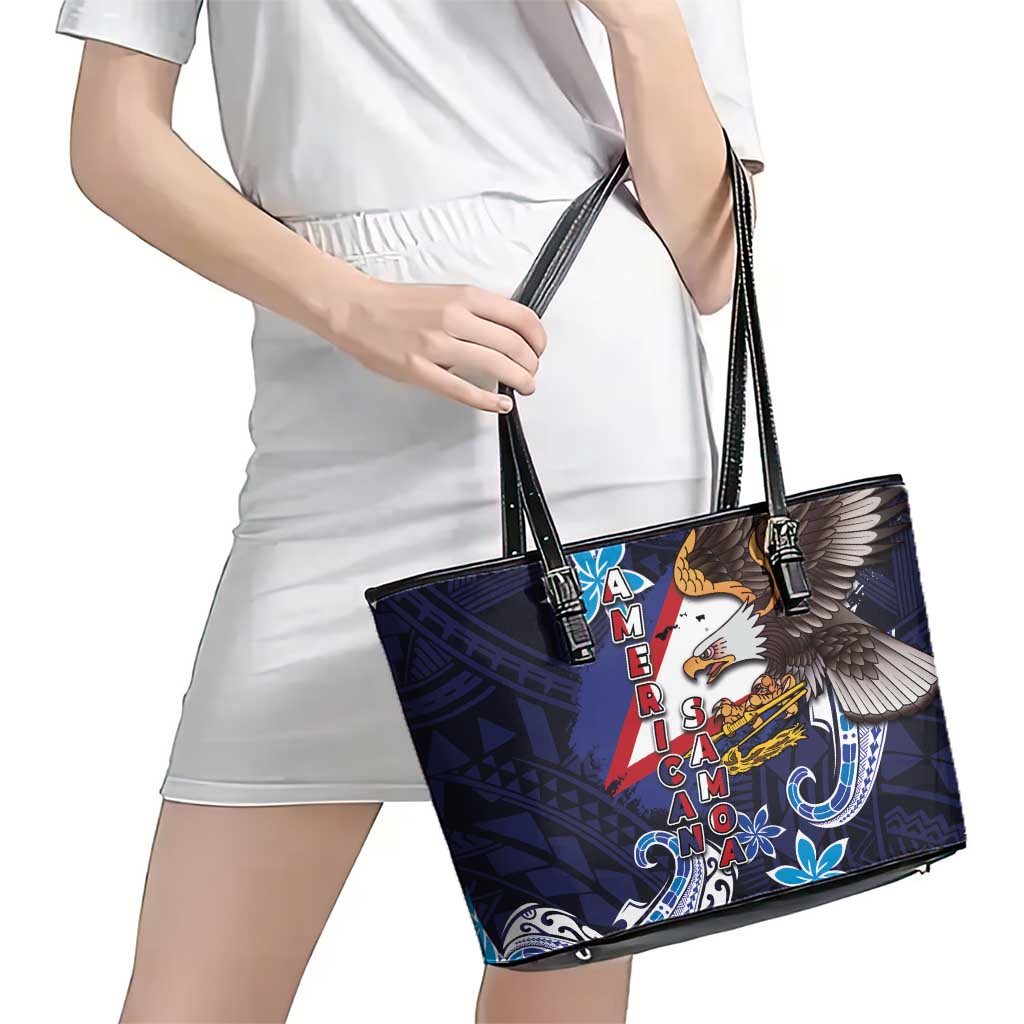 American Samoa Flag Day Leather Tote Bag Bald Eagle with Uatogi and Fue - Polynesian and Floral Tribal Tattoo
