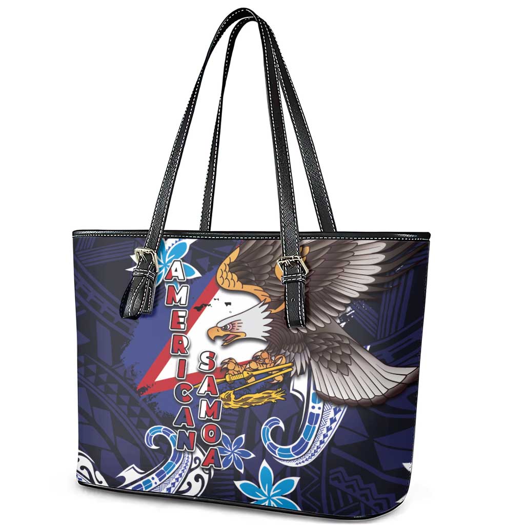 American Samoa Flag Day Leather Tote Bag Bald Eagle with Uatogi and Fue - Polynesian and Floral Tribal Tattoo