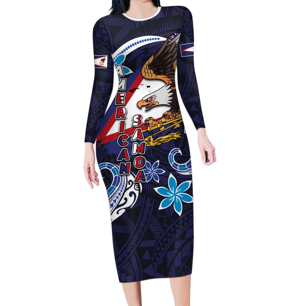 American Samoa Flag Day Long Sleeve Bodycon Dress Bald Eagle with Uatogi and Fue - Polynesian and Floral Tribal Tattoo