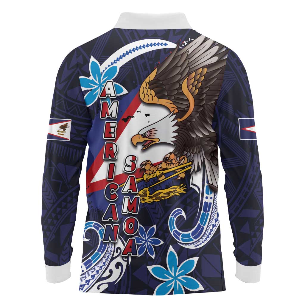 American Samoa Flag Day Long Sleeve Polo Shirt Bald Eagle with Uatogi and Fue - Polynesian and Floral Tribal Tattoo