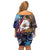 American Samoa Flag Day Off Shoulder Short Dress Bald Eagle with Uatogi and Fue - Polynesian and Floral Tribal Tattoo