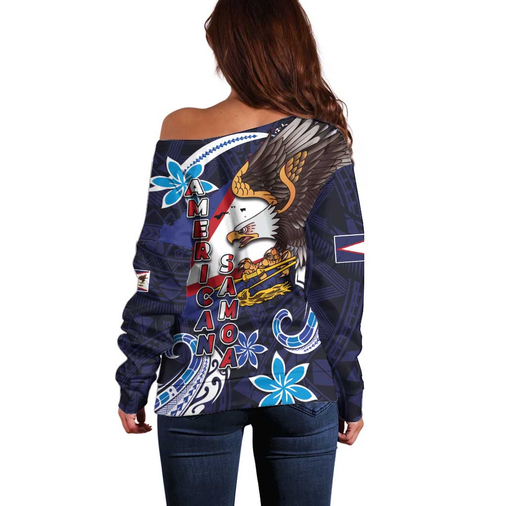 American Samoa Flag Day Off Shoulder Sweater Bald Eagle with Uatogi and Fue - Polynesian and Floral Tribal Tattoo